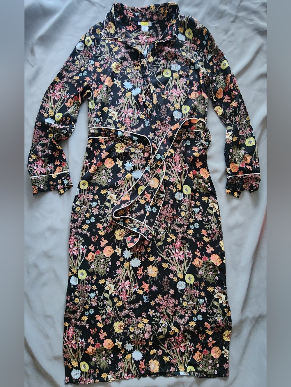 H.O.G Floral Wildflower Piping Long Sleeve Shirt Dress with Belt - S / P